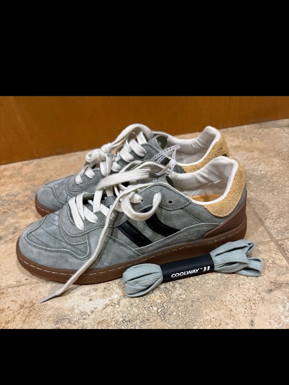 Coolway Suede Sneakers with Black Stripes and Tan Heel Accent